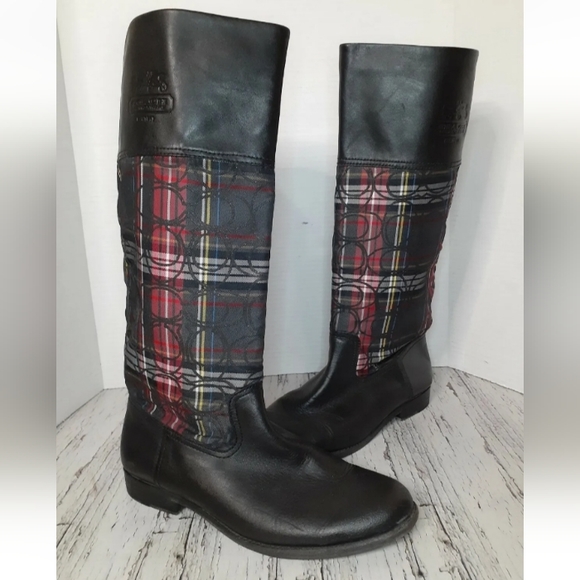 Coach 9B Chrissi Tall Tartan Logo Riding Boots - Picture 2 of 10